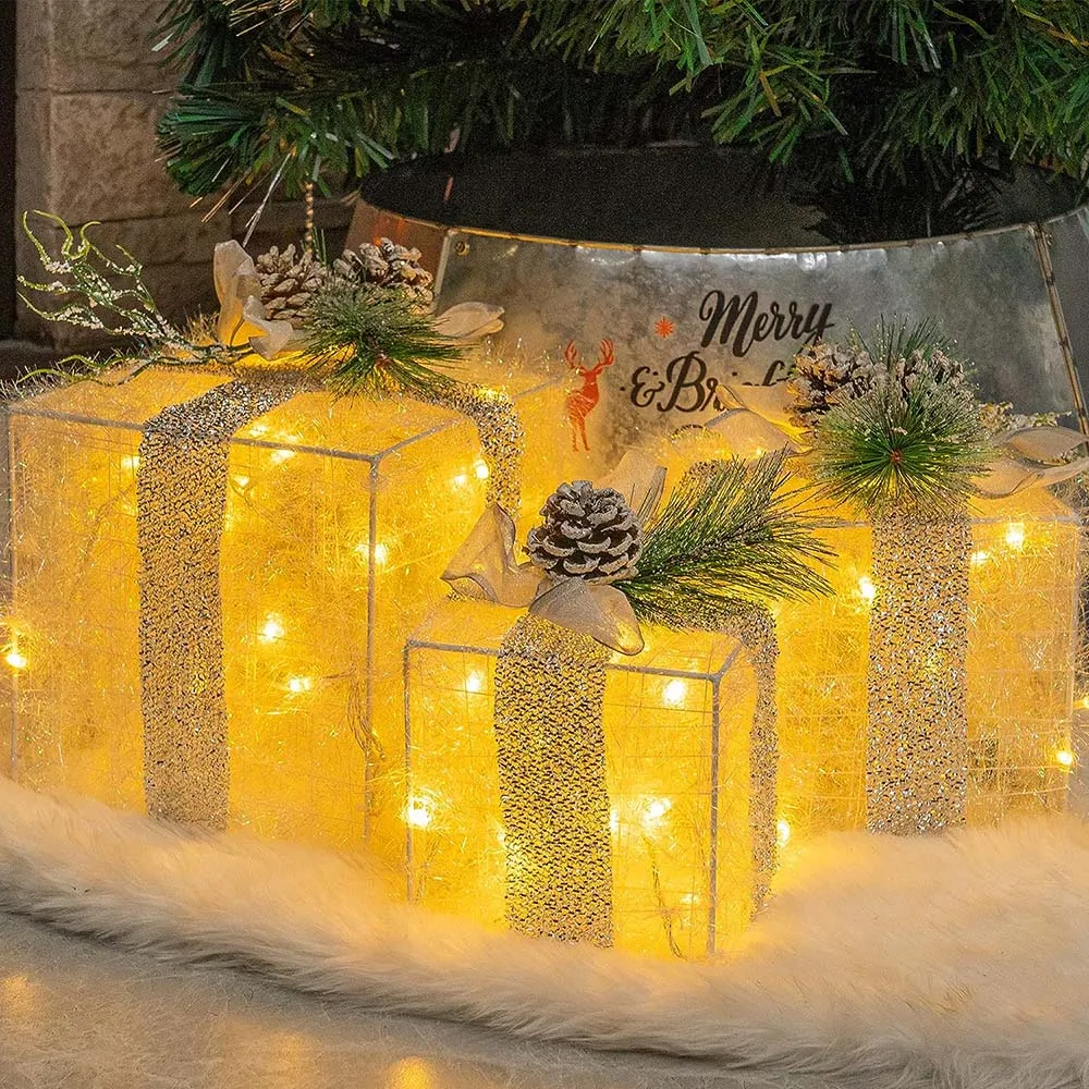 

3PC Christmas Lighted Gift Boxes,Pre-lit 60 LED Light Up Present Ornament Tinsel Boxes for Indoor Christmas Home Yard Lawn Decor