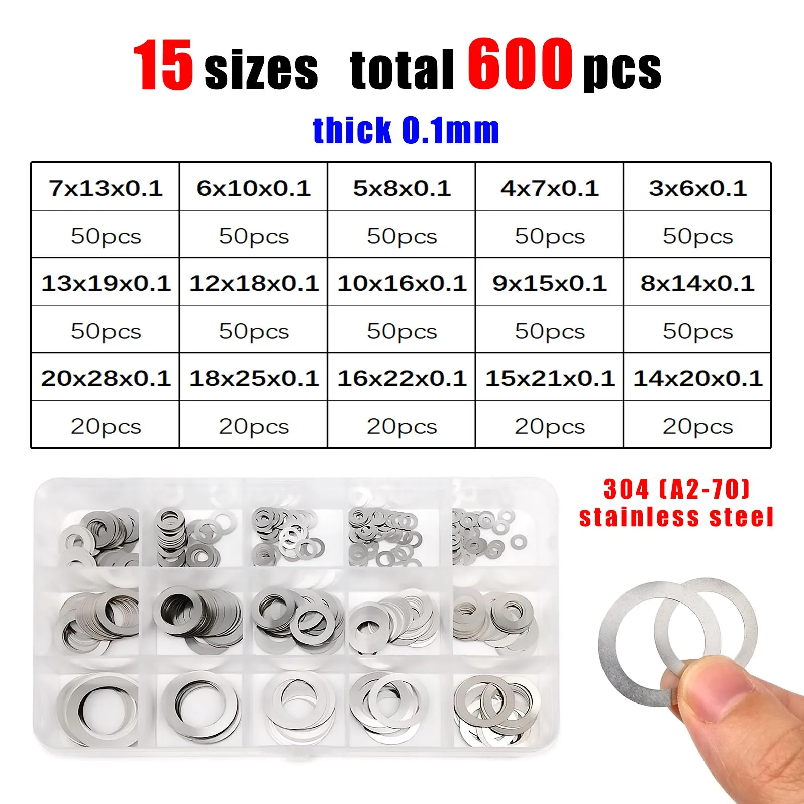 Ultra Thin Stainless Steel Shim Washer Assortment Kit – Mix Sizes 0.1mm to 0.3mm
