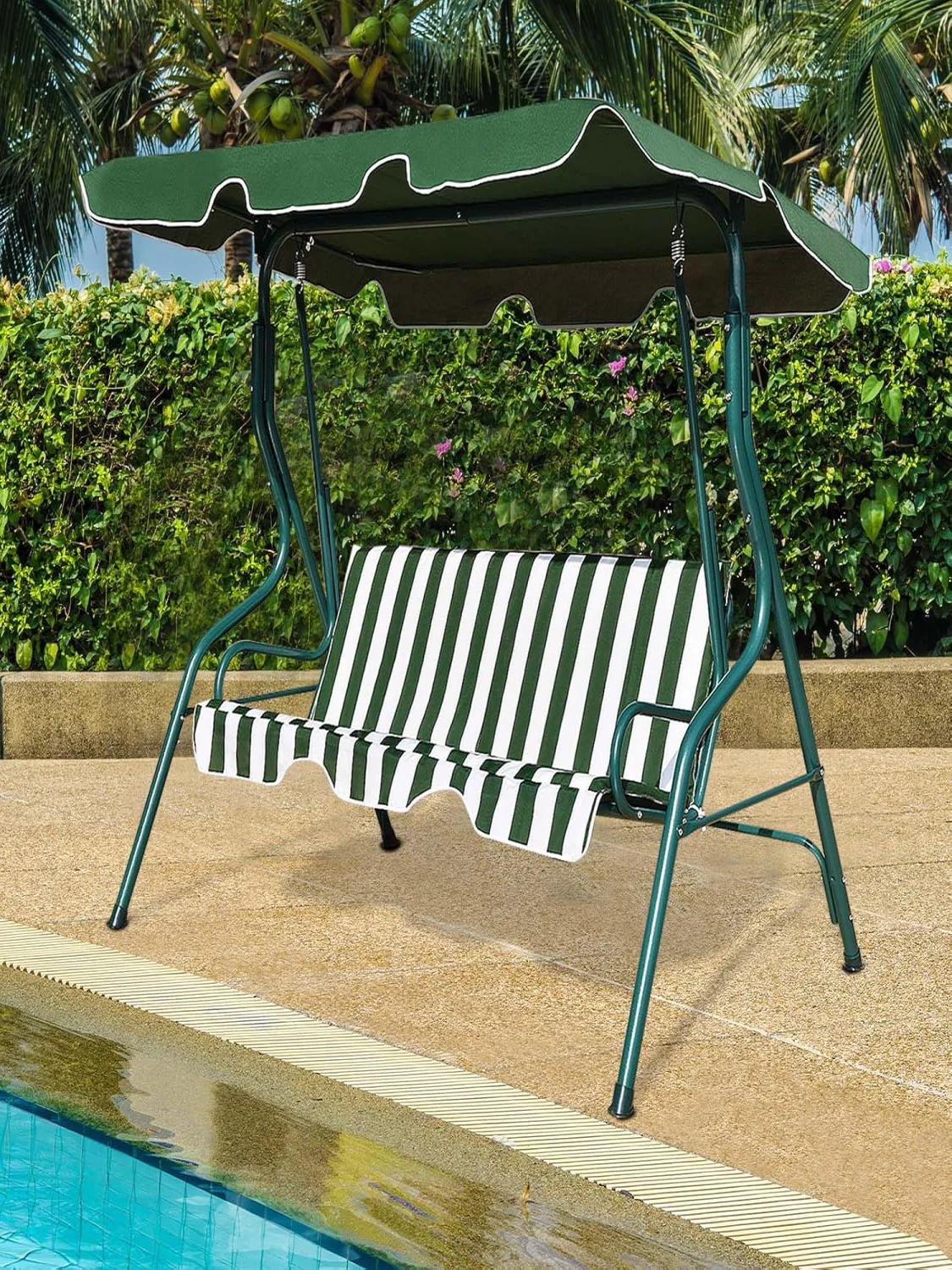 GOFLAME 3 Seater Hollywood Swing with Adjustable Roof - Green and White