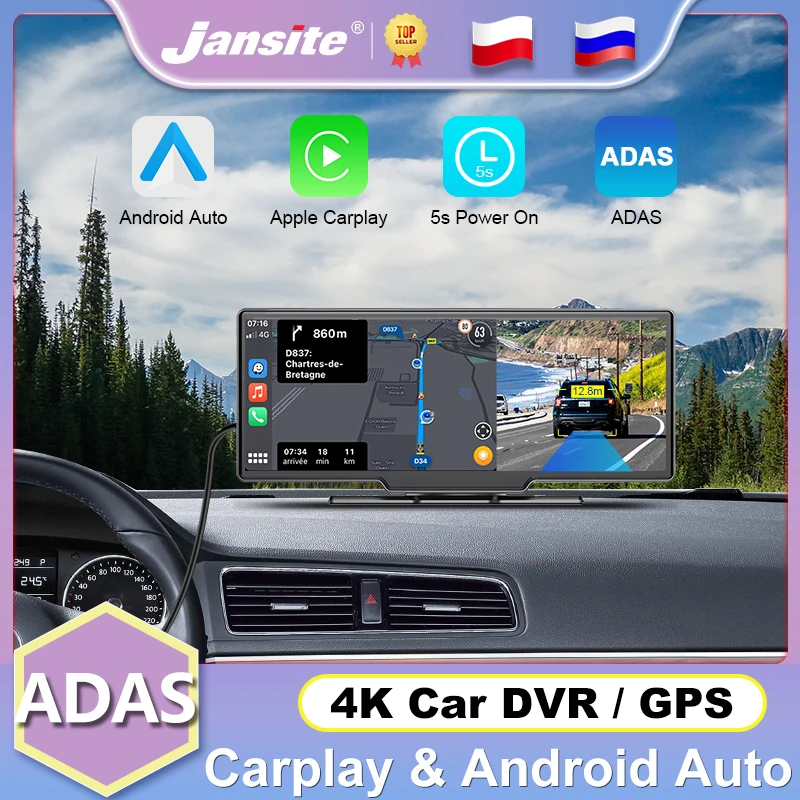 

Jansite 10.26" ADAS Car DVR Dash Cam 4K Mirror Video Player Wireless Carplay Android Auto Dual Lens 1080P Rear Camera Recorder
