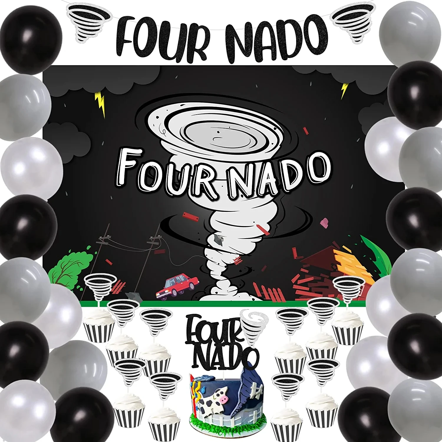 

JOYMEMO Tornado 4th Birthday Party Decorations FOUR NADO Backdrop Banner Cake Topper Balloon for 4 Years Old Boys Girls Birthday