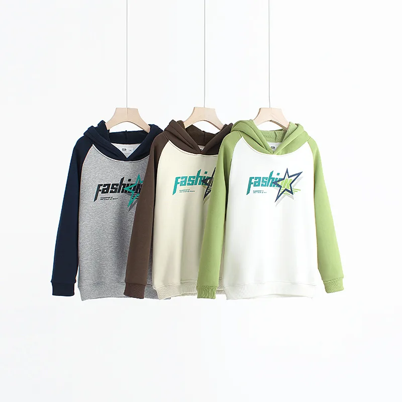 아동용 플리스 후드티 겨울용 따뜻한 남아용 컬러 블록 풀오버 한국 스타일 보온 스웨트셔츠 프린트 두꺼운 캐주얼 재킷