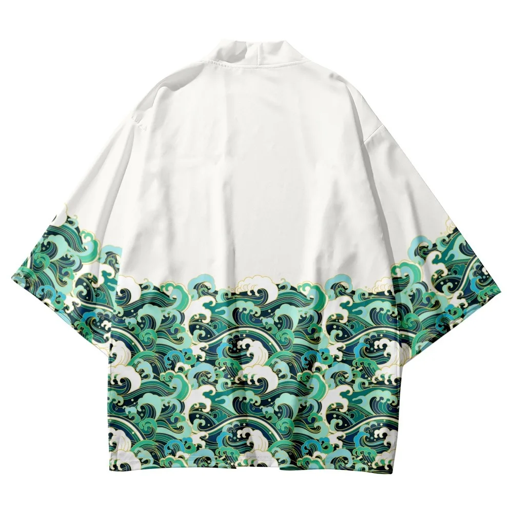 Hot Sale Japanese Waves Print White Kimono Cosplay Men Women Cardigan Robe Summer Beach Yukata Haori Traditional Asian Clothing