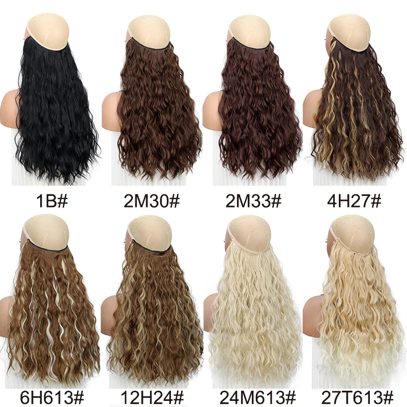 18Inch Synthetic No Clips In Hair Extension Black Blonde One Piece Long Wavy Curly Invisible Wire False Fake Hair Piece for Wome