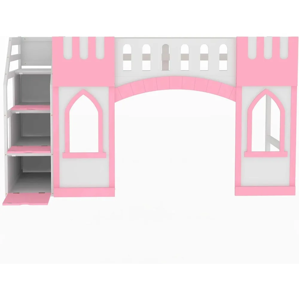 Twin Size Loft Bed with Storage Staircase and Window, Wood Playhouse Bed Frame with Storage for Boys, Girls 6