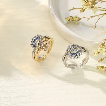 2025 New Celestial Blue Sparkling Moon Sun Star Crystal Ring for Women Fashion Elegant Stackable Finger Band Party Jewelry Gifts