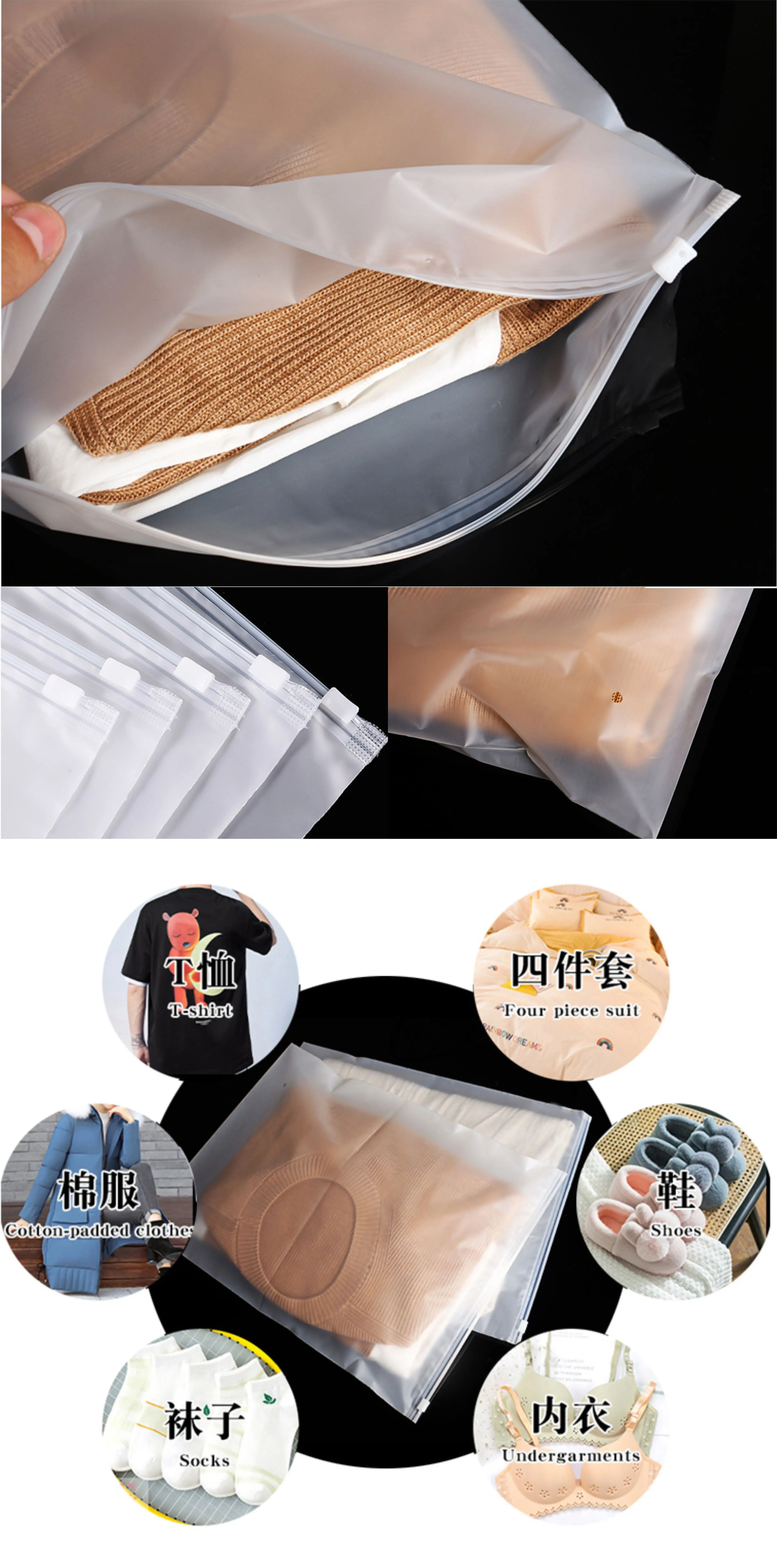Durchscheinende, durchsichtige PVC-Plastiktüten mit individuellem Logo, mattierte Poly-Reißverschlusstaschen für die Verpackung von Kleidung und Schuhen – Detail 2
