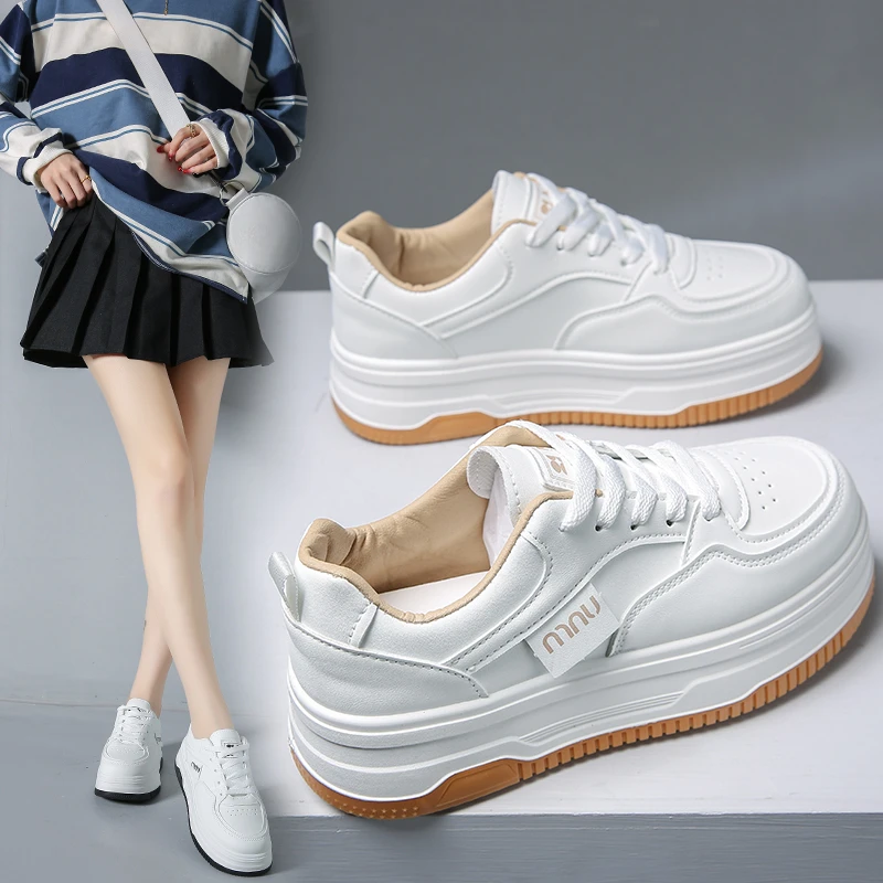 Women White Sneakers Autumn Lace Up Thick Bottom Casual Flats Anti-slip Outdoor Walking Sports Board Shoes Sapatos Femininos