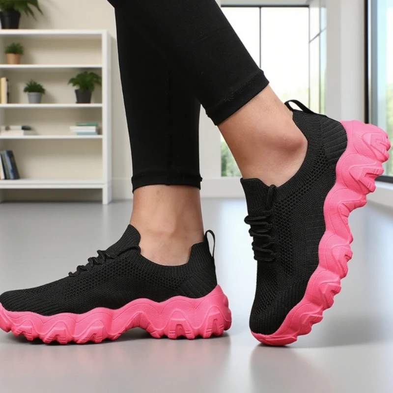 Fashionable Women's Running Shoes Breathable Light Fabric Wavy Sole Thick Sole Shoes Neon Pink 2025 Hot Selling Women's Sneakers