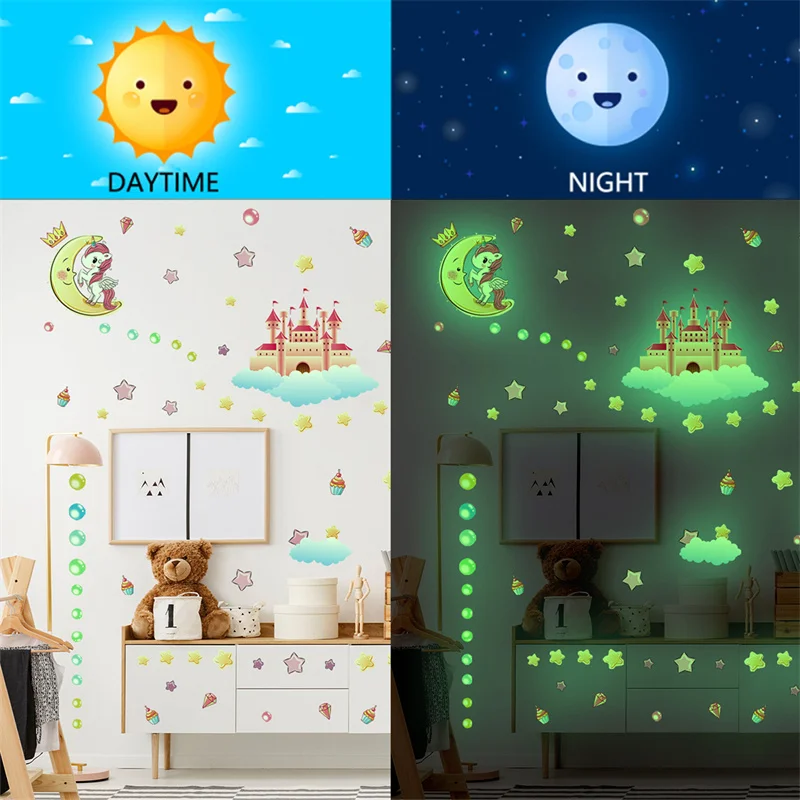 Multicolor Stars Unicorn Luminous Wall Stickers Glow In The Dark Cartoon  Fluorescent Wall Decal For Baby Kids Rooms Home Decor