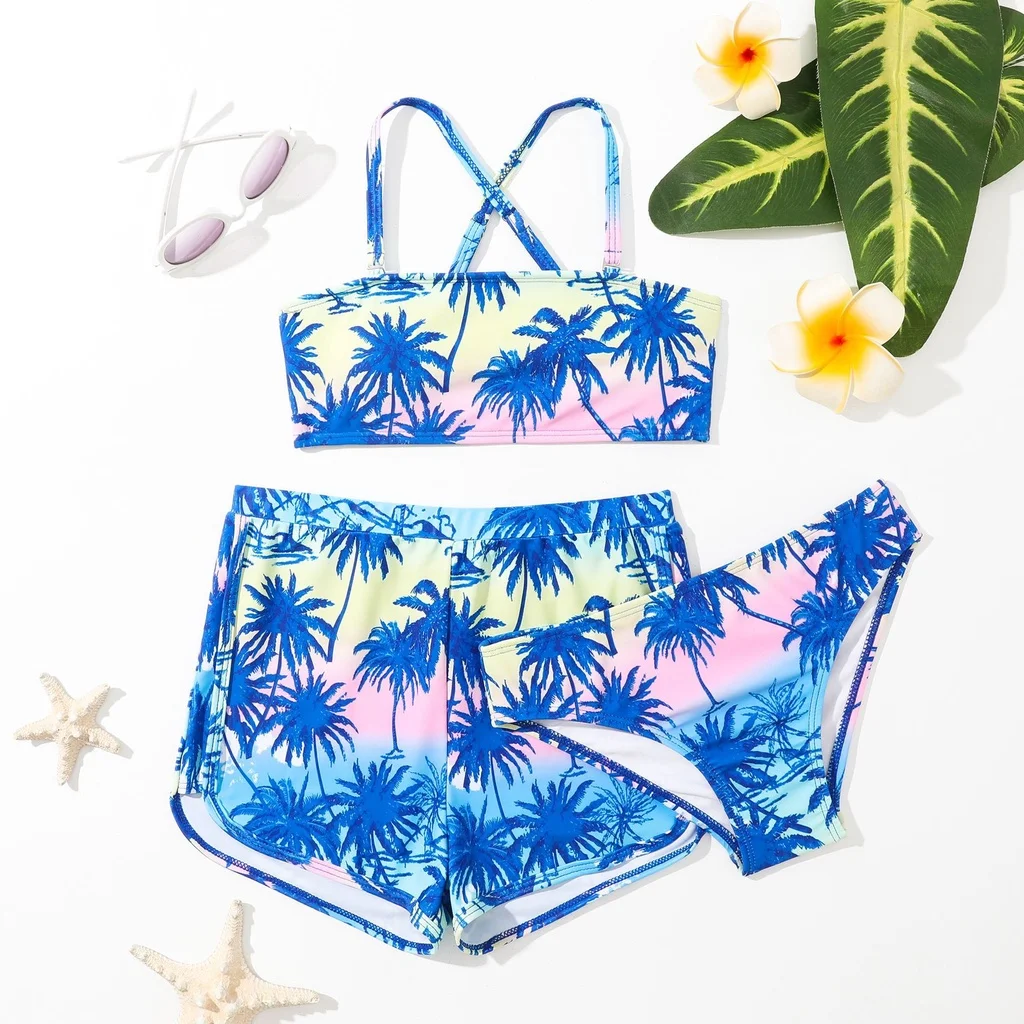 Girls 3pack Coconut Palm Print Bikini Sets with Shorts Trunks Kids Swimsuit 7-12 Years Children's Swimwear Bathing Suit