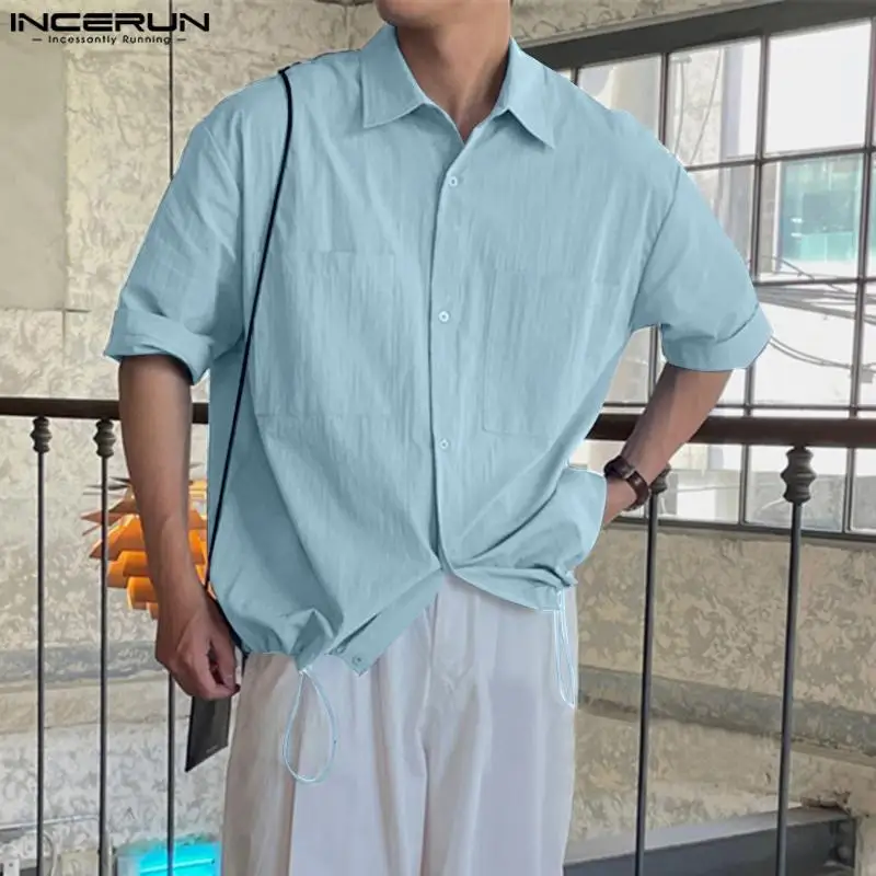 

INCERUN Men Casual Shirt Solid Lapel Short Sleeve Drawstring Streetwear Men Clothing 2023 Pockets Korean Loose Male Shirts S-5XL