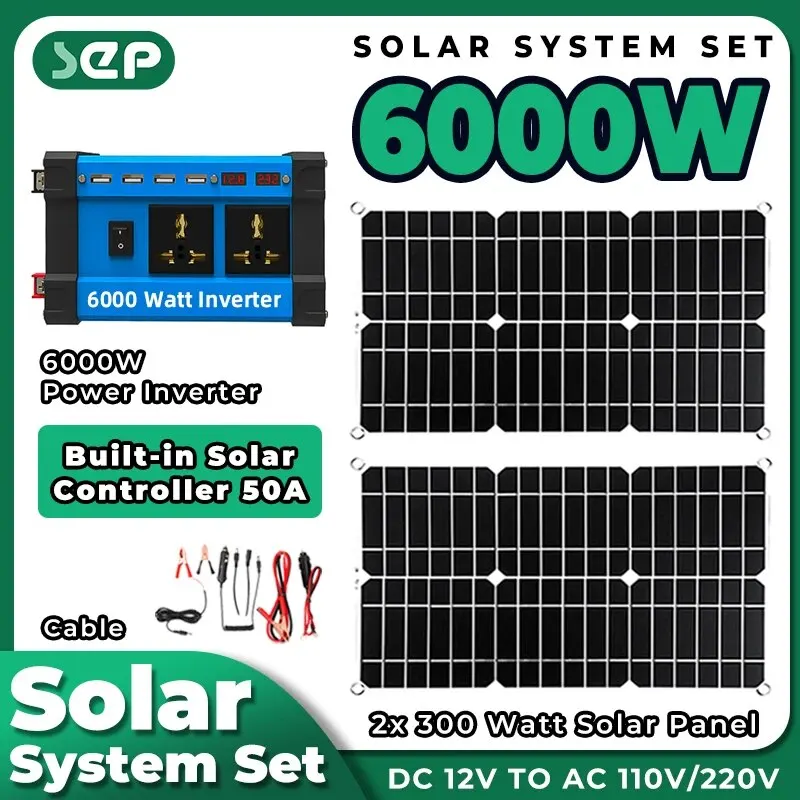 Gerador de energia ao ar livre com painel solar, kit solar, sistema solar conjunto, camping, controlador de carga, 30A, 12V, 6000W