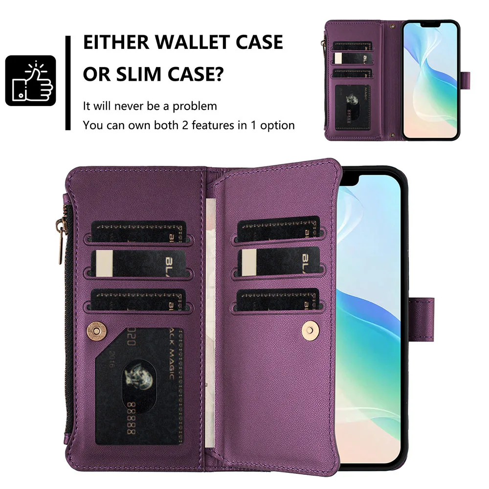 Zipper Multi-Card Wallet Flip Case with Lanyard