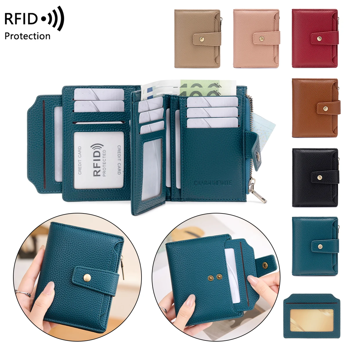 woman's small wallet RFID Blocking Soft PU Leather Bifold Compact Card Holder with Zipper Coin Pocket Multi-card Wallet