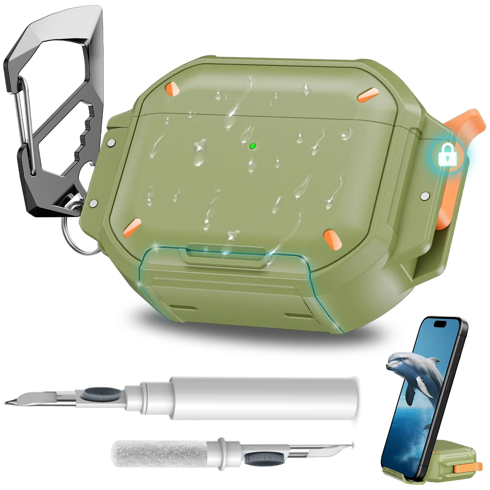 AirPods Pro Rugged Waterproof Case with Safety Lock and Built-in Phone Stand