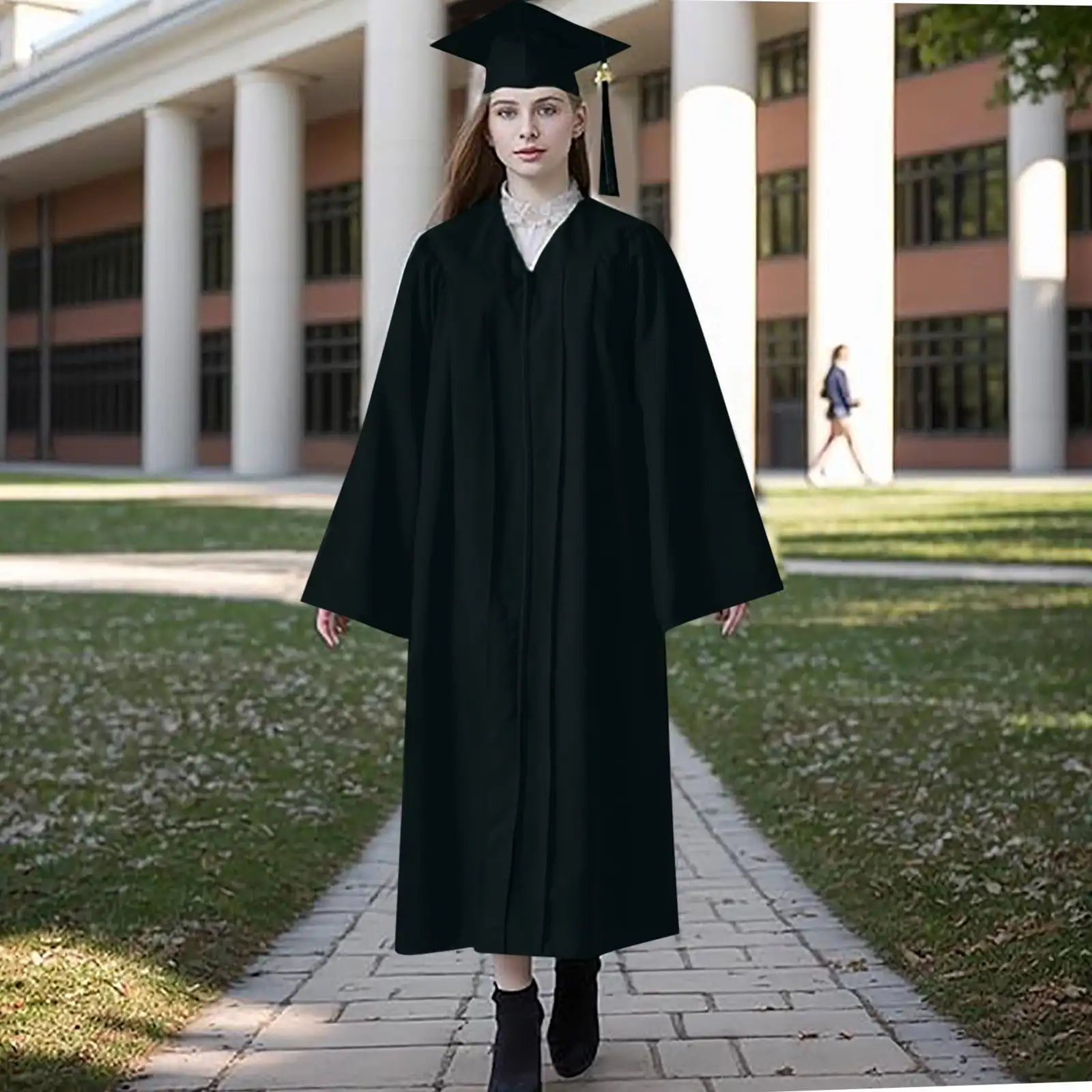 Graduation Cap and Gown Set with Tassel for High School & College Long Sleeved Dress Breathable for Elegant Women Black