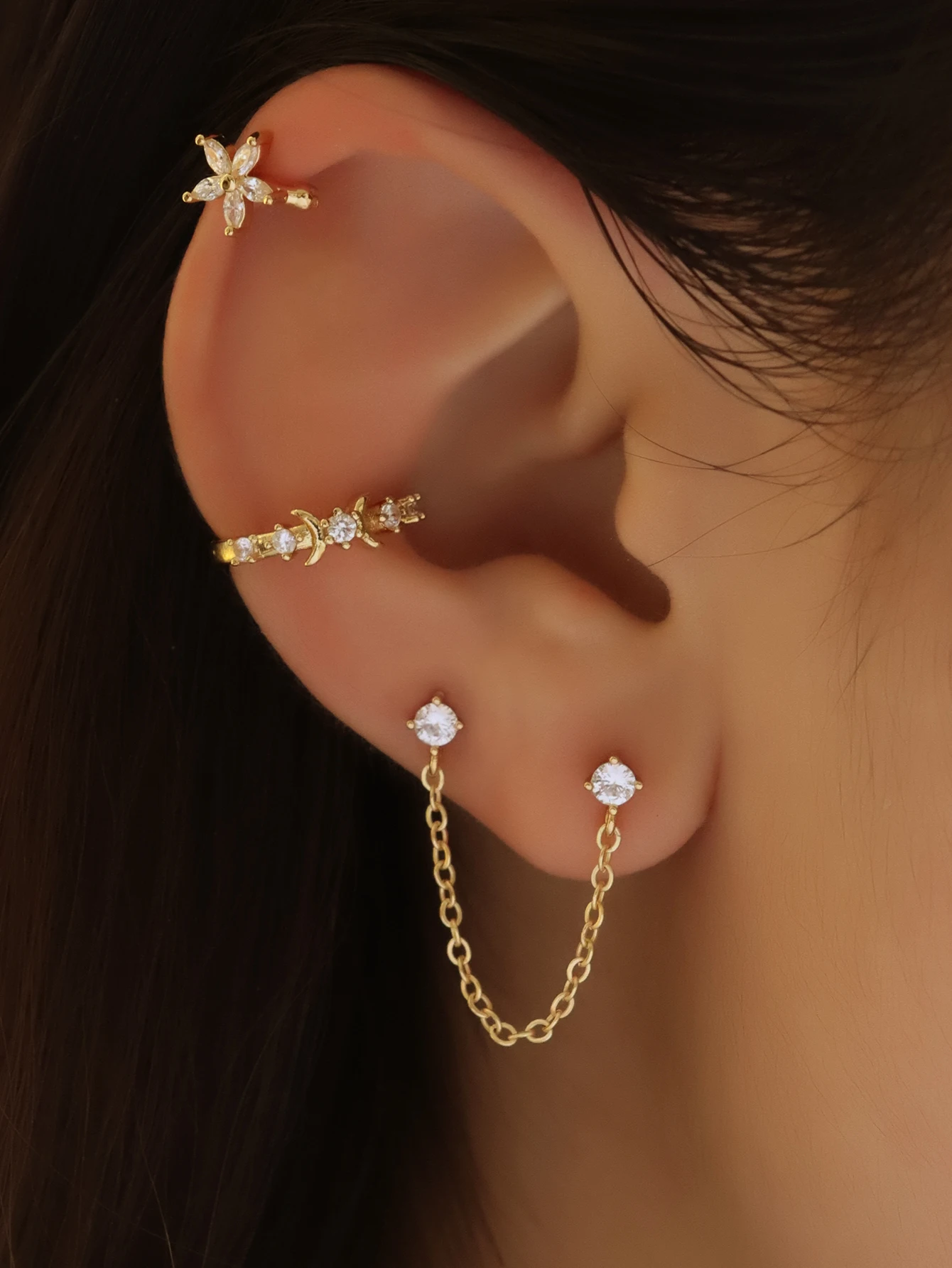 3pcs Simple cubic zirconia flower ear clip tassel chain earrings for ladies