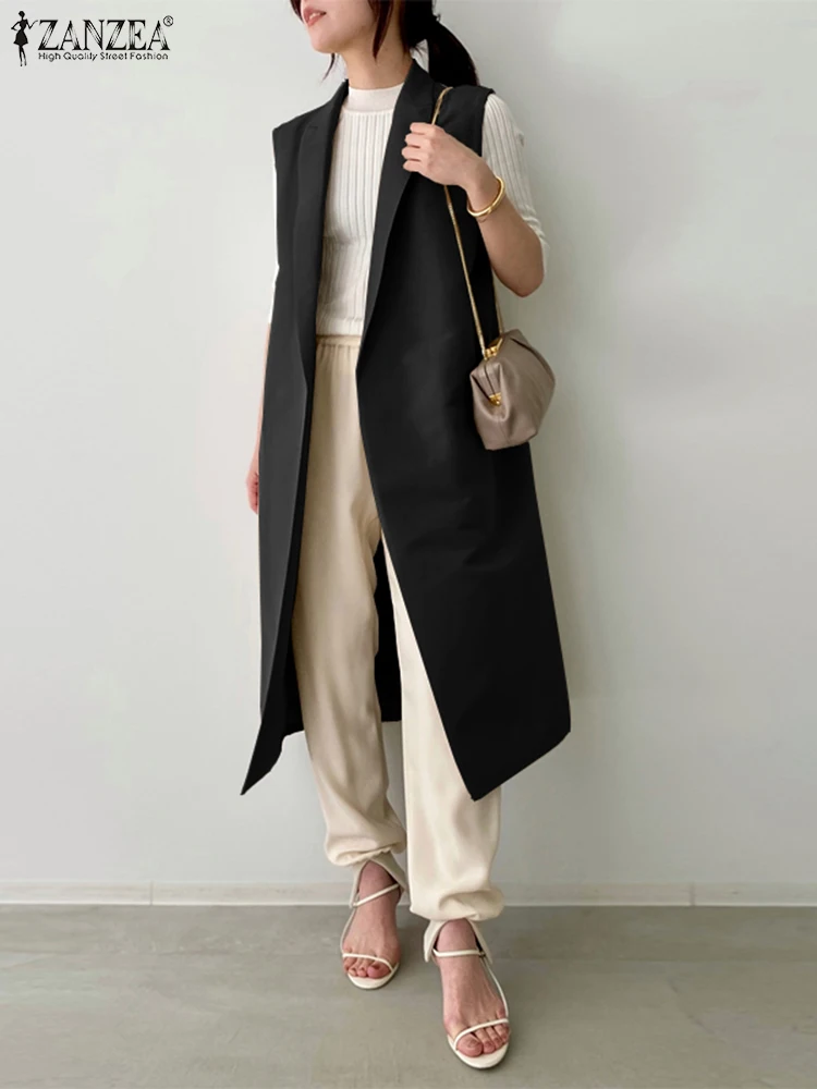 Women Long Tank Blazer Office Lady Lapel Collar Outwears ZANZEA Fashion Summer Pockets Jackets Holiday 2024 Sleeveless Blazer