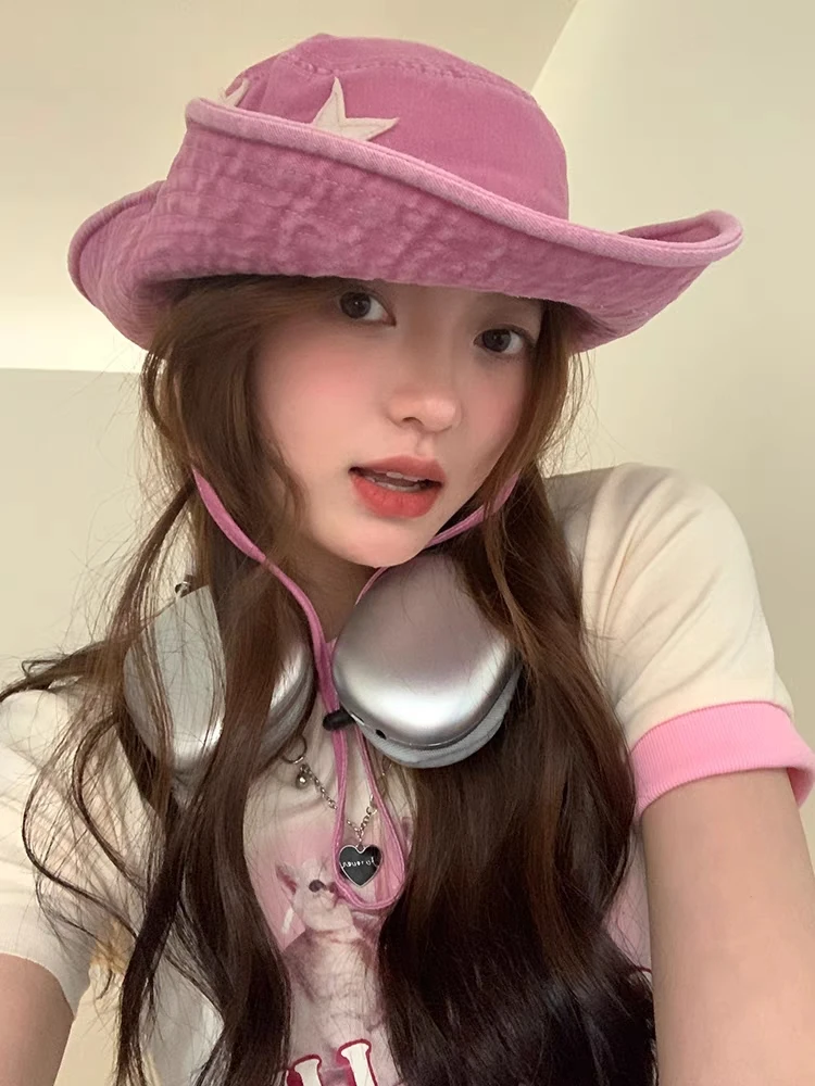 Žhavý výprodej růžových retro klobouků s velkou krempou, punkových hvězd Y2K, letních venkovních, slunečních, horolezeckých, kovbojských, ležérních, jazzových_voghion.com