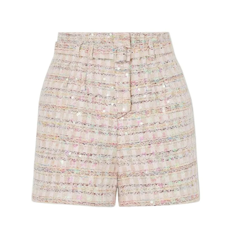 Runway Designer Sequined Tweed Shorts Women High Waist Slim Small Fragrance Pink Plaid Wide Legs Straight Suit Shorts with.belt