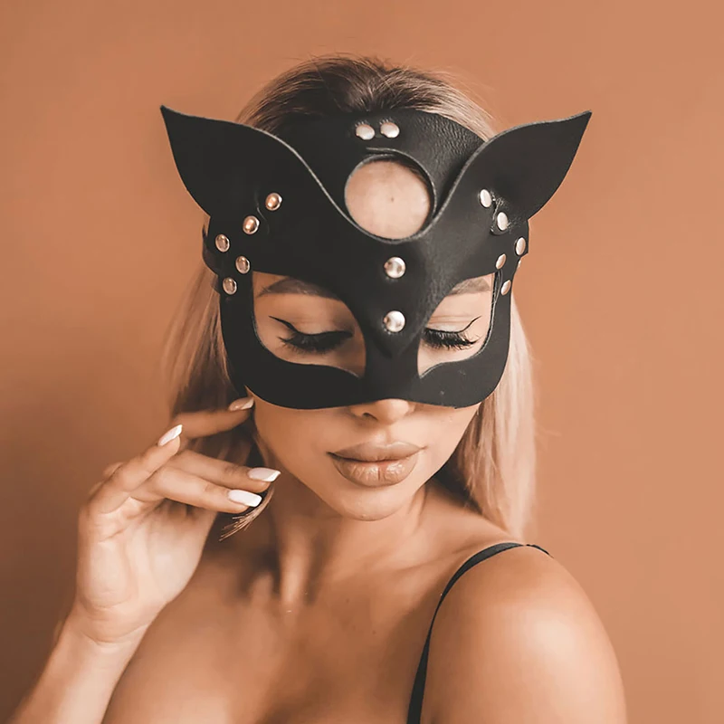 Máscara Anime de couro com rebite para mulheres, meia cara, raposa, cosplay, gato, gola punk, festa de Halloween, baile de máscaras, extravagante, sexy