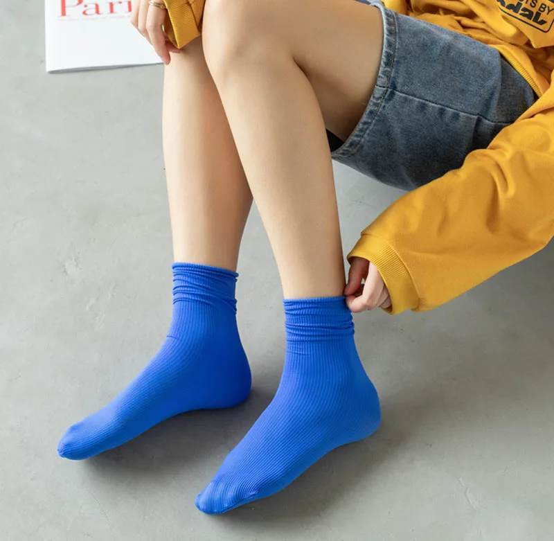 Multicolor Solid Color Ice Silk Velvet Mid Tube Socks Women Summer Soft Thin Rolled Edge Crew Socks Japanese Casual Long