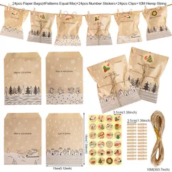 Vintage Christmas Kraft Paper Gift Bags with Stickers - Let it Snow Holiday Treat Pouches (24 Sets) - 13x18cm (24sets Pattern C)
