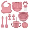 9PCS/Set BPA Free Silicone Baby Feeding Set Sucker Bowl Divided Dinning Plate Straw Cup Spoon Fork Adjustable Bib Children Dishe 1