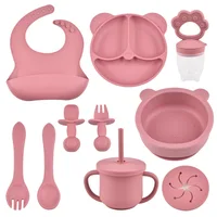 9PCS/Set BPA Free Silicone Baby Feeding Set Sucker Bowl Divided Dinning Plate Straw Cup Spoon Fork Adjustable Bib Children Dishe 1