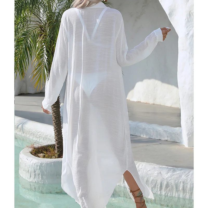 Sunscreen White Long Shirts Bikini Cover-up Women Summer Long Sleeve Lapel Button down Beach Dress Swimwear Smock Tops swimsuit cover up,swimsuit coverup,beach dress set,women dresses