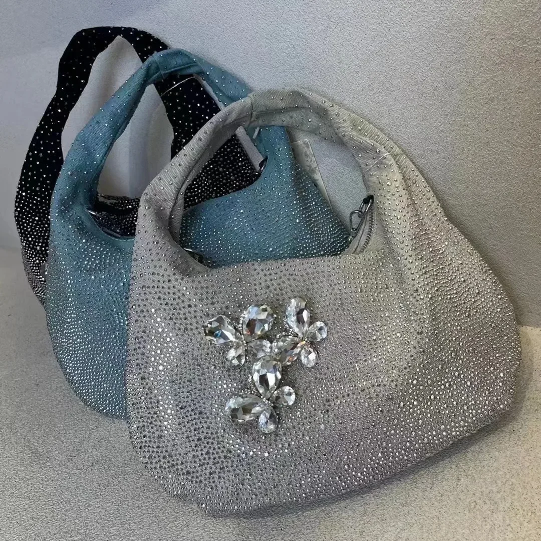 Women's Party Diamond Denim Bag 2024 New Fashion Design Chain Crossbody Bag Single Shoulder Pouch Blue Pleated Handbag