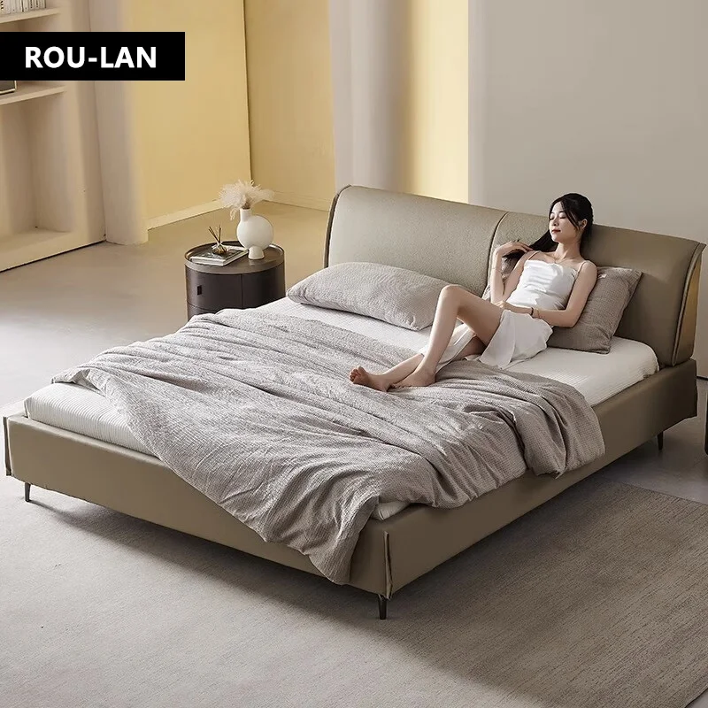 Lit en cuir souple minimaliste moderne, lit Queen, chambre principale, lit de mariage, lit double créatif, lit King 1 Lit en cuir souple minimaliste moderne, lit Queen, chambre principale, lit de mariage, lit double créatif, lit King 1