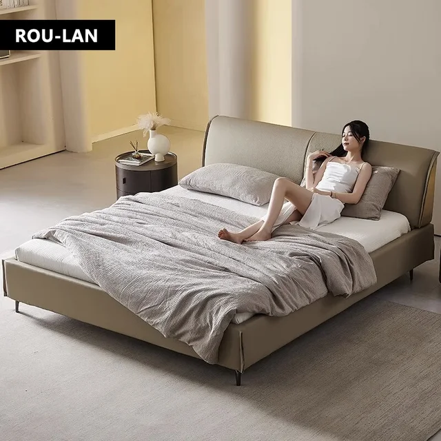 Lit en cuir souple minimaliste moderne, lit Queen, chambre principale, lit de mariage, lit double créatif, lit King 1
