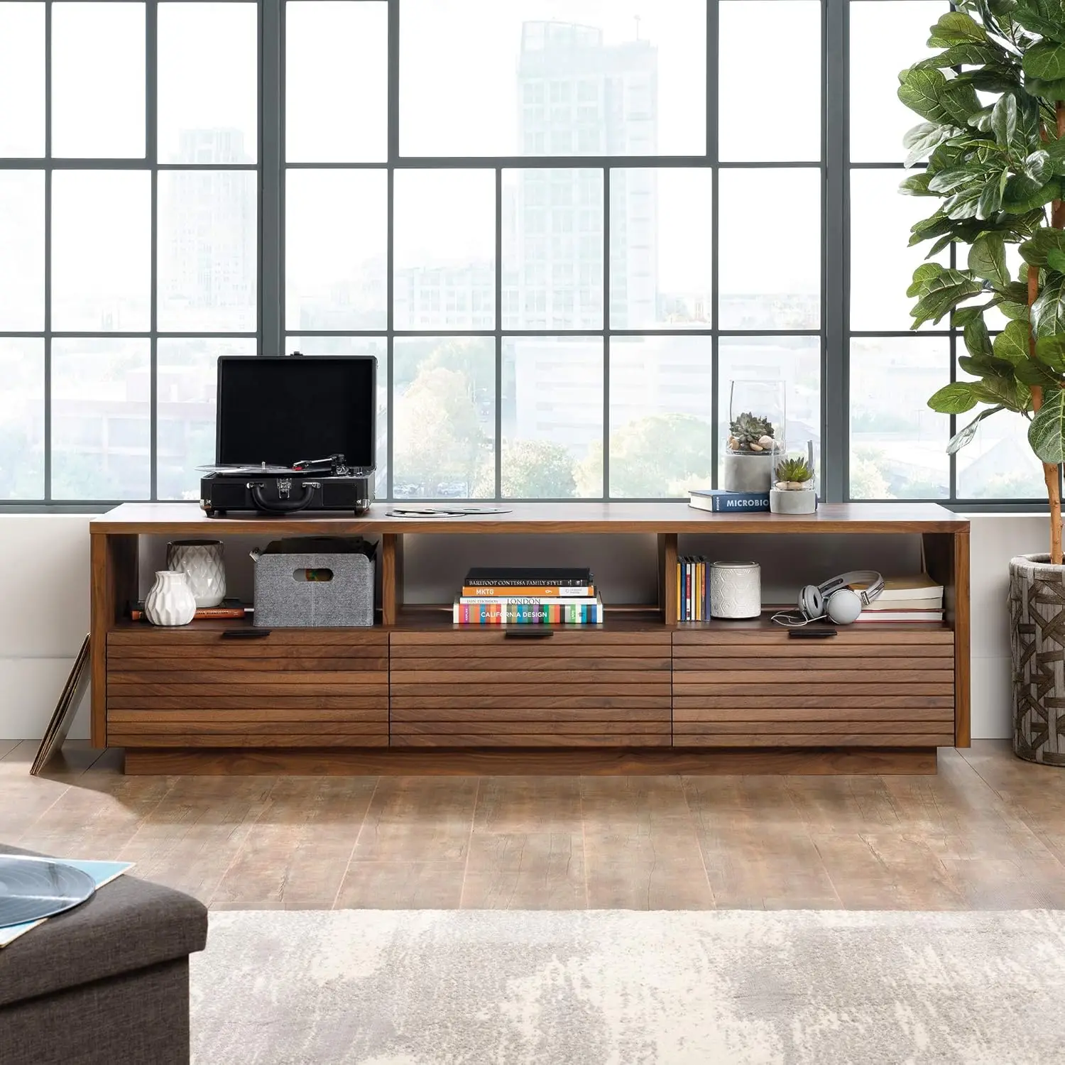 Media Console Credenza with Drawers and Storage Shelves, for TVs up to 70", Grand Walnut 2