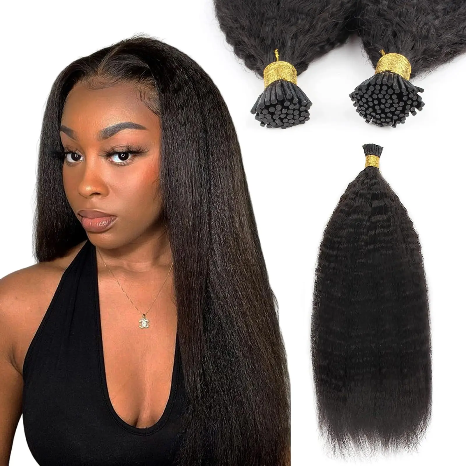 Extensioni di Capelli Umani Lisci Kinky I-Tips 18 Pollici, Capelli Vergini Brasiliani Lisci Kinky 50 Grammi