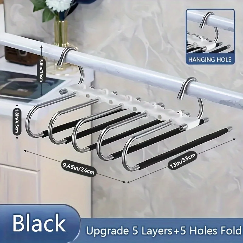 1 pc Stainless Steel Retractable Trouser Rack Folding Multi-functional Multi-layer Hanger Home Storage Clothes Drying Rack 5