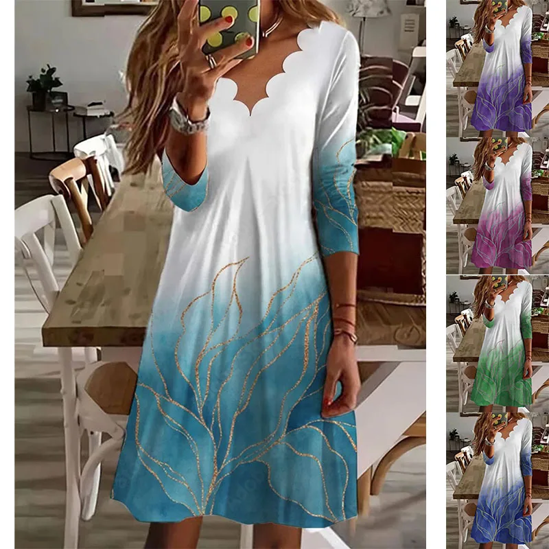 

2024 New Spring Women 3D Printed Slim Dress Daily Street Wavy Neck Half-sleeve Skirt Sexy Knee-length Skirt Elegant MIDI Skirt