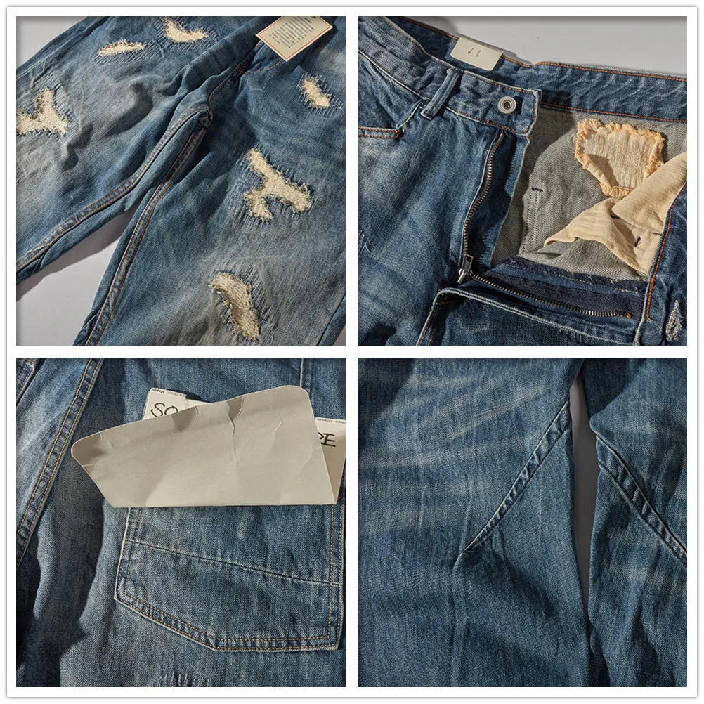 New autumn patch jeans slim straight men's 2022 new American tough guy retro casual pants