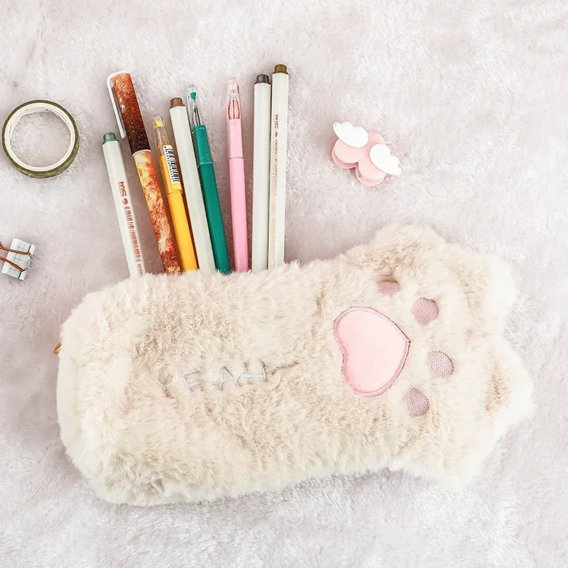 Kawaii 부드러운 고양이 발 연필 가방 대용량 연필 케이스 보관 주머니 지퍼 가방 학교 문구 사무용품으로 돌아 가기