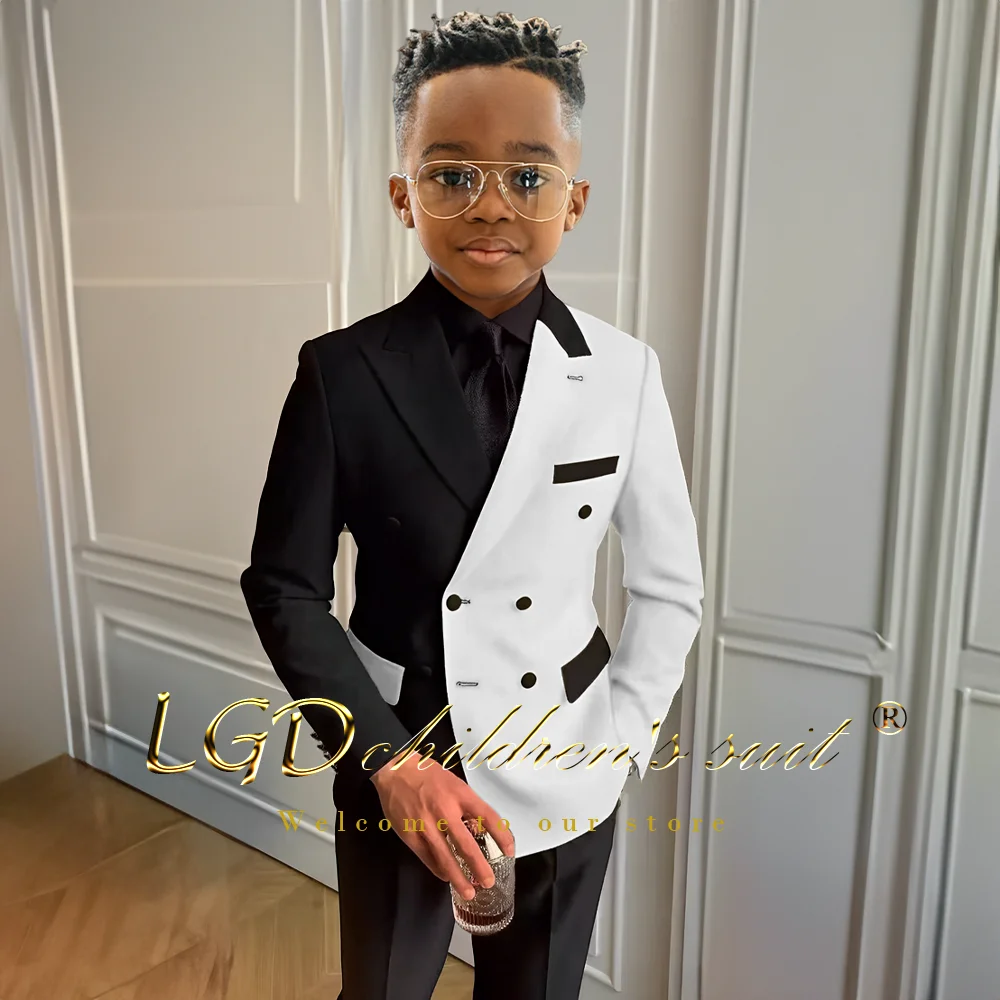 Boys Formal Suit Set Stylish Boys Peak Lapel Double Breasted 2 Piece Suit Black and White Fitted Formal Wedding Event Tuxedo Jacket + Pants