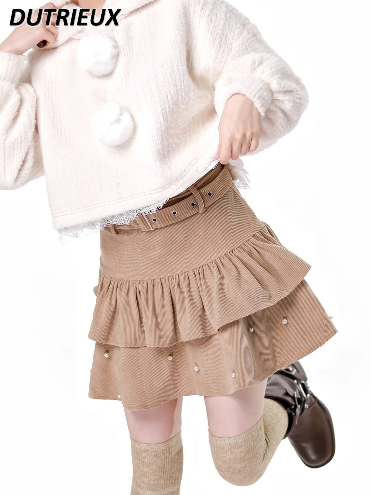 Sweet Cute Girl High Waist Ruffles All-Matching Short Skirt Spring and Summer Pearl Decoration Belt Cake Skirts for Women