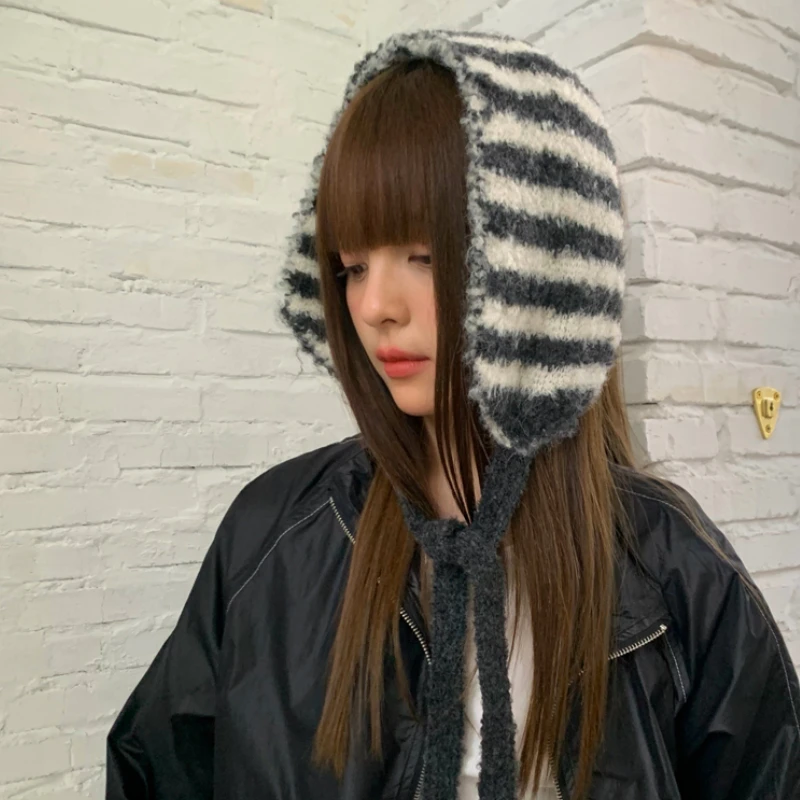 Ins Personality Contrasting Stripes Knitted Straps Earmuffs for Women Autumn and Winter Travel Versatile Warm Casual Hairdband