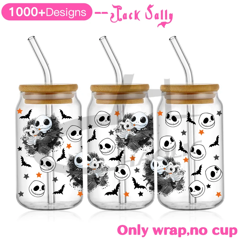 Halloween Jack & Sally Decal UV DTF Cup Wrap 16oz For Libbey Glass Ready To Apply No Heat Needed Permanent Adhesive Waterproof