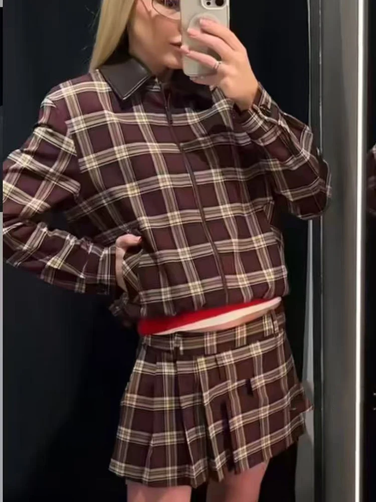 New Women's Plaid Skirts Suit Casual Faux Leather  Neck Loose Jacket Coat Mini Pleated Shorts Skirt Two-Piece Set Fashion Set