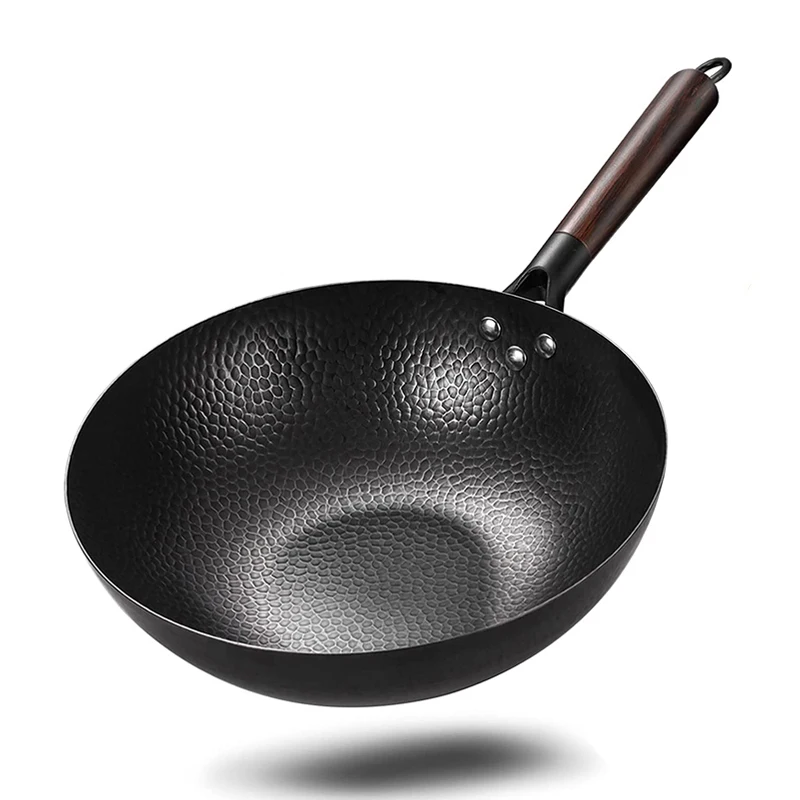 Wok In Ferro Martellato A Mano Da 38 Cm – Senza Rivestimenti Chimici, Antiaderente Naturale, Manico Singolo, Per Friggere, Saltare E Bollire