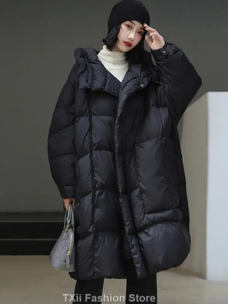 

TXii 2023 New Winter Women Oversize 90% White Duck Down Jackets Thick Warm Loose Puffer Coat Female Long Casual Hooded Parka