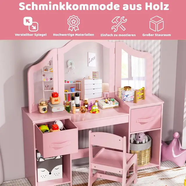 Ensemble de coiffeuse pour enfants, ensemble de coiffeuse pour enfants, chaise de bureau de maquillage pour filles, avec miroir amovible, rose 1