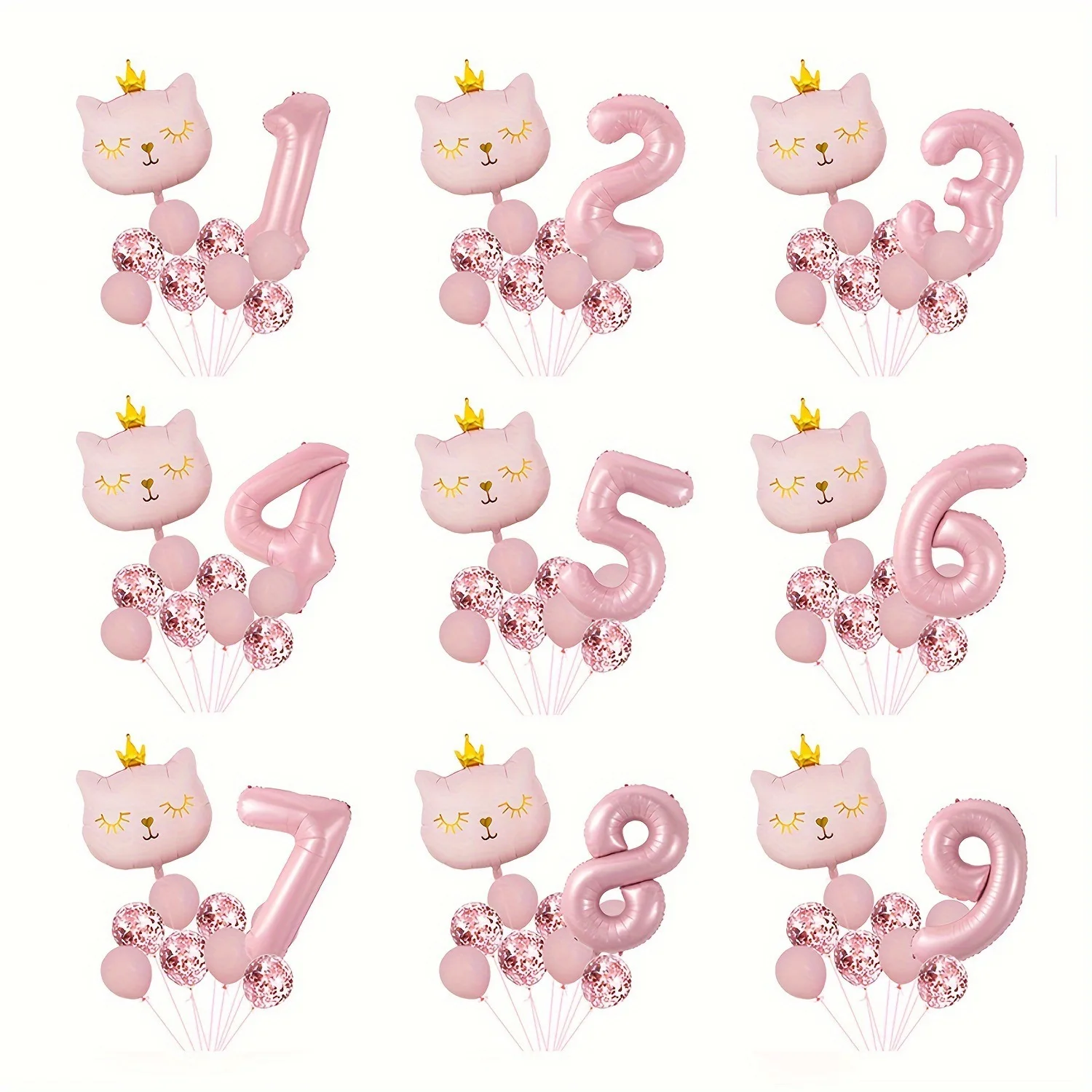 1set Pink Crown Cat Foil Digital Balloon Cartoon Animal Pull Flag Set Girl Happy Birthday Party Decorations Baby Shower Gift