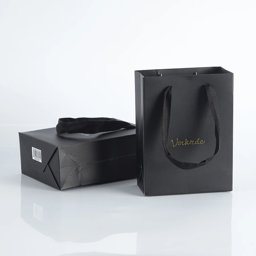 100pcs Black Paper Bags with Handles Custom Logo 12x6x16cm Cardboard Gift Tote Bags Small Business Shopping Birthday Party Bag